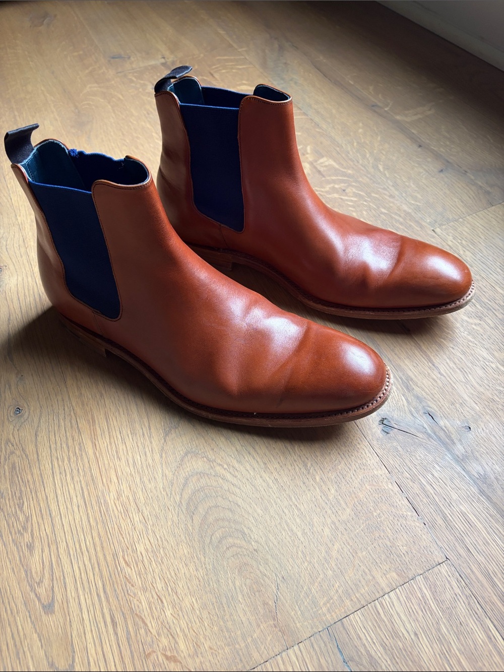 Leather Chelsea Boots in Chestnut with Navy Elastic Panels. UK Size 9.5/US 10.5